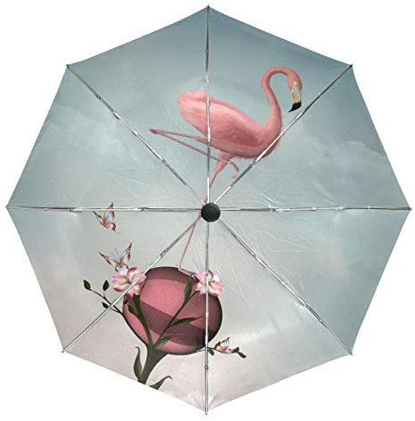 Regenschirm für den Sommer, Motiv: Flamingo Lilien, Winddicht, wasserdicht, UV-Schutz, 3-Fach faltbar, automatisches Öffnen/Schließen, für Sonne und Regen
