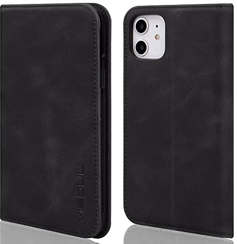 VISOUL iPhone 11 Hülle, Stoßfeste Handyhülle [Erstklassiges Rindsleder] TPU Schutzhülle [Kartenfach] [Magnetverschluss], Standfunktion Lederhülle Kompatibel für iPhone 11 Schwarz
