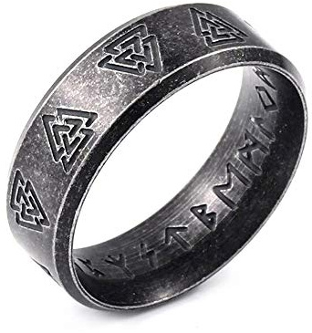 BlackAmazement 316L Edelstahl Ring Valknut Wotansknoten Symbol Runen Stufenkante Wikinger Schriftzeichen Germanen Herren