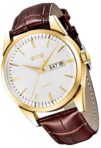 SKMEI Armbanduhr für Herren, Business-Kleid, klassisch, modisch, leger, schwarzes Leder, Quarz, analog, wasserdicht, Kalender, Datumsanzeige, goldfarbenes Gehäuse, weißes Zifferblatt