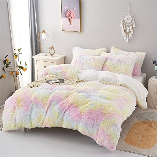 Winter Bettwäsche 135x200cm Weiß Rosa Bunt Warm Plüsch Langhaar Flauschig Flanell Biber Wende Deckenbezug Bettbezug mit Reißverschluss und Kissenbezug 80x80cm
