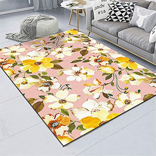 Xiaosua Multi-Größe Wohnzimmer Auslegware Rosa Wohnzimmer Teppich Gelbe Blumen frisch weicher Teppichwasserwäsche schön Anti-rutsch Vorleger 50x80cm 1ft 7.7''X2ft 7.5''
