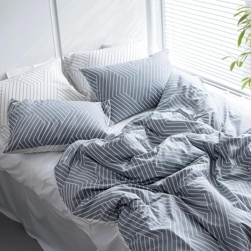 LERUUM Bettbezug 140x200 Set Baumwolle Grau Weiß Bettwäsche Reversible Geometrisch Muster (140 x 200 cm + 65 x 65 cm)