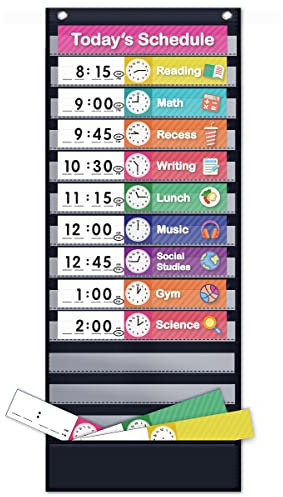 Eamay Daily Schedule Pocket Charts, Teaching Chart, Hoom, Eamay Daily Scheduling Pocket Chart with 13+1 Pockets, 18pcs Dry Erase Cards and 2 Hooks (Black-2)