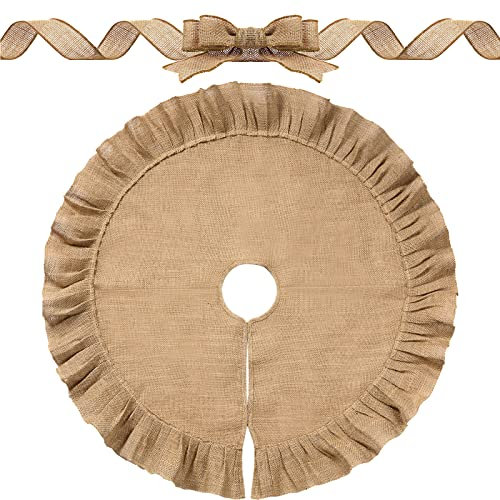 Base in Tela per Albero di Natale con Rifiniture Arruffate Gonna in Tela di Lino per Decorazioni di Albero e Nastro Artigianale in Tessuto di Juta Largo 3 Pollici 10 Iarde (47 Pollici)