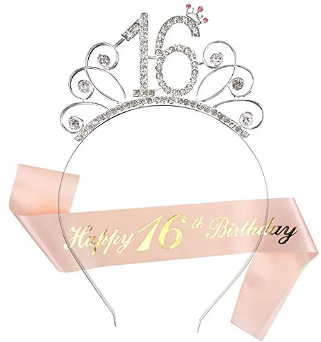 Ouceanwin Kristall Tiara Krone Haarreif Stirnband mit Schärpe aus Satin für 16. Geburtstag Deko Geschenk Mädchen Party Accessoires