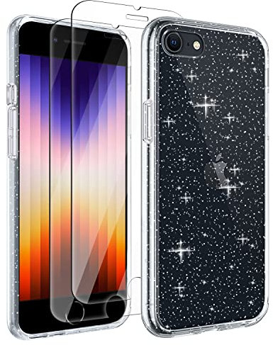 Tikgue Hülle für iPhone SE 2022 / iPhone 2020,iPhone 8 / iPhone 7 mit 2 Stück Schutzfolie,360 Grad Handyhülle Glitzer Transparent Silikon Stoßfeste Schutzhülle Slim Weich TPU Case