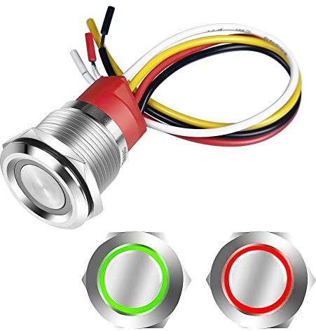 Gebildet Interruptor Táctil DC 6V-36V/5A, Interruptor de Enganche IP67 a Prueba de Agua, Botón Tocar, LED Verde y Rojo Adecuado para Orificio de Montaje de 7/8 22mm