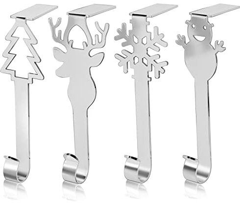 Zliger Weihnachts Kaminhaken, 4 Stück Weihnachtsstrumpf Clips Kamin Strumpfgriffe Weihnachtsstrumpf Halter Kaminhaken Aufhänger Weihnachtsstrumpf Haken für Kamin für Weihnachtsfeier Silber