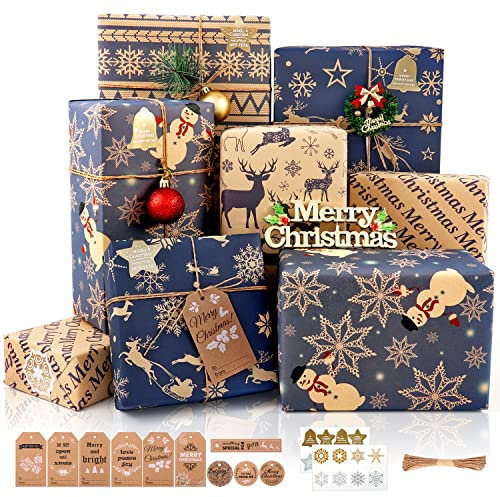 Christmas Wrapping Paper Sheets, 6 Sheet Navy Blue and Brown Recycled Kraft Wrapping Paper with Tags Stickers, Xmas Wrapping Paper for Gifts Wrapping Arts Crafts Decorations, 5 Designs, 70 x 50cm