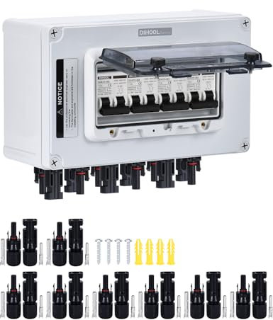 DIHOOL interrupteur de déconnections solaire sectionneur bipolaire Disjoncteur connecteur etanche exterieur panneau connecteur IP67 boitier etanche 4 String DC 12V-400V (4 in 4 out 15A)