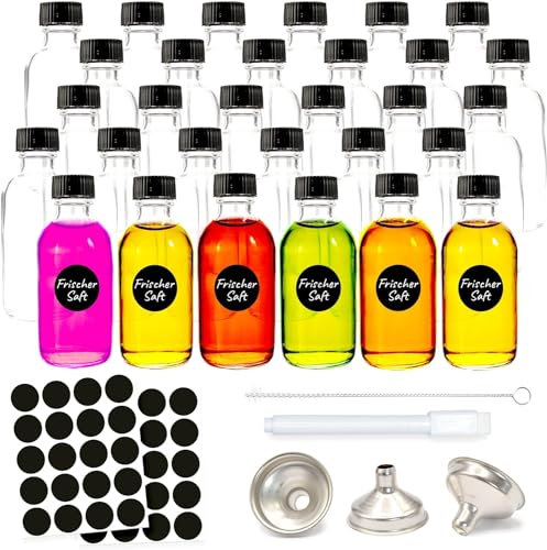 volila Ginger Glass Shot Bottles Mini Set of 24 x 2oz or 60ml with Pouring Funnel, 48 Round Stickers and Chalk Pen for Labelling, Essential Oils, Whisky, Alcohol, Wedding Favours Décor, Clear - Pack