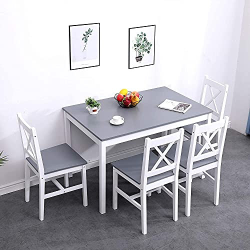 DlandHome Juego de 5 Piezas de Mesa de Comedor con 4 sillas, Conjunto de Muebles de Cocina de Madera de Pino Gris/Blanco