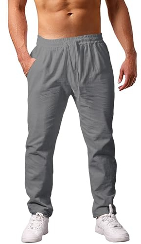 Heekpek Pantalones de Lino para Hombre - Cómodos y Ligeros Pantalón Casual de Verano Con Cordón