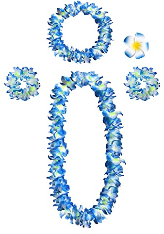 duoyif Hawaii Kette Blumen Blumenkette 5 stück Blau Hawaiian Ketten | Blumen Halskette Stirnband Armband Blumengirlande Blumenkette FüR Karneval Party Strandpartys Cheerleading Festival Hochzeit
