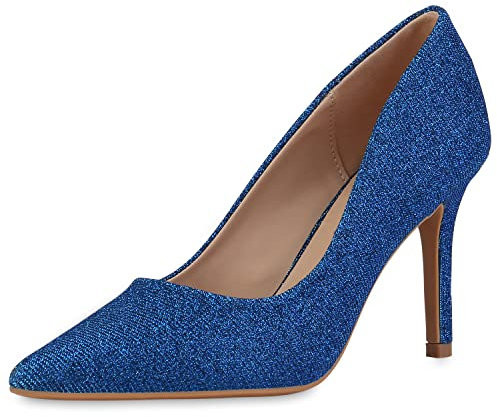 VAN HILL Damen Spitze Pumps Party Kunststoff Schuhe Stiletto Glitzer Absatzschuhe Abendschuhe 210097 Blau Glitzer 37