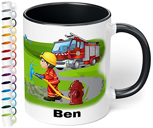 Tasse mit Namen für Kinder Feuerwehrmann – Kindertasse personalisiert – Feuerwehr Kinderbecher Trinkbecher für Jungen und Mädchen - rundum bedruckt – Geschenk zu Weihnachten, Geburtstag (Schwarz)