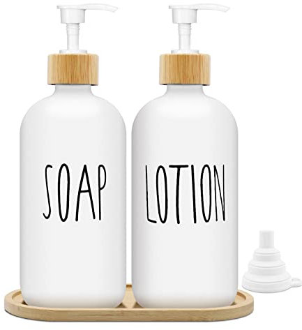Mamiddle Dispensador de Jabón Blanco Mate Set 500ml Dosificador Jabon Baño de Vidrio con Bandeja Dispensador de Líquido para Lavavajillas Dispensador de Jabón para Cocina y Ducha (Blanco + Blanco)