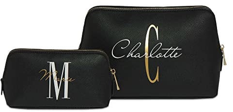 Kosmetiktasche personalisiert Initial + Name, Kulturtasche, Schminktasche, Geschenk für Damen, Make-Up Tasche – Schwarz, klein