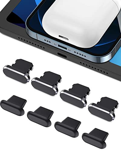 AUZOSL 8 Pieces Anti Dust Plugs Compatible with iPhone 14 Pro Max, 4 Metal + 4 Silicone Dust Plugs Dust Cover Port Cap Protector for iPhone 13, 12, 11, iPad and Airpods Charging Case, Black