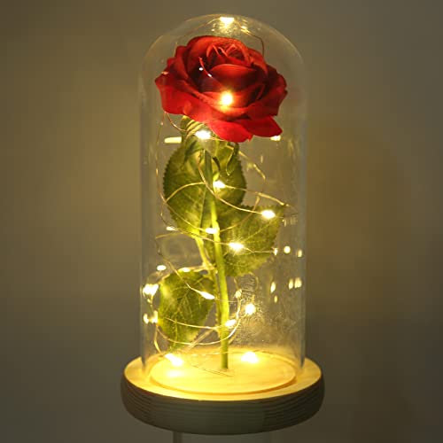 Rose „Die Schöne Und Das Biest“, Ewige Rose in Glaskuppel, Glücksbringer, Schöne Symbolik, Romantische Verzauberte Rose, Romantische Geschenke Mit LED-Licht Zum Geburtstag, Hochzeitstag(Zinnober)