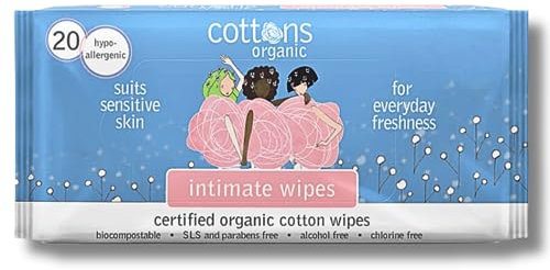 Cottons Intimate Wipes, Pack of 20, Orgainc Cottons Wipes for Everyday Freshness, Alcohol Free, Chlorine Free, SLS and Paraben Free, Suits Sensitive Skin
