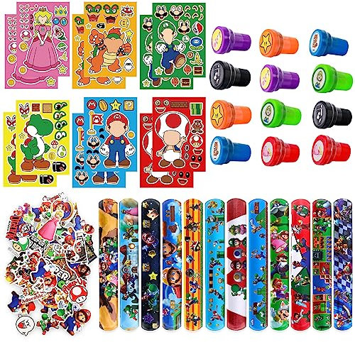 86Pcs Kindergeburtstag Party Mitgebsel Set, 12 Kinder Slap Armbänder, 12 DIY Kinder Sticker, 12 Stempel, 50 Aufkleber, Ma-rio Party Gastgeschenk, Geburtstag Deko für Jungen Mädchen Party Zubehör