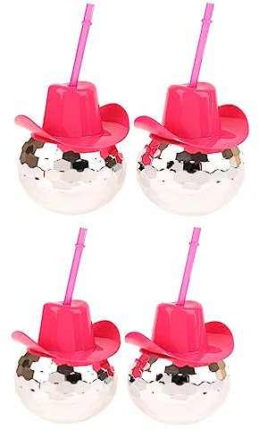 4 Stück Discokugelbecher Discokugel Rosa Cowgirl Hut Becher mit Strohhalmen Cowboy Western Party Supplies Silber 70er Jahre Cocktailbecher Sparkling Tumbler Wein für Bar Dance Bachelorette Party