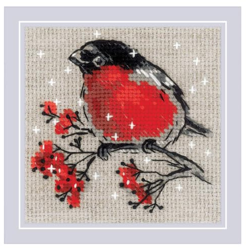 Riolis Kreuzstich Stickpackung Wintergast, Zählmuster, 10x10cm | Tier-Design, 14 Karat Flachs, Zweigart-Aida, 9 Wolle/Acrylfarben, Anfänger bis Fortgeschrittene, Diagramm und Nadel im