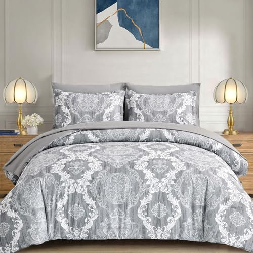 WONGS Bedding Graues Bettdecken-Set für King-Size-Betten, Damast-Textur, 7-teilig, graues Bett in Einer Tasche, Mikrofaser, Boho-Bettwäsche-Set mit Bettdecke, Bettlaken, Spannbetttuch, Kissenbezügen