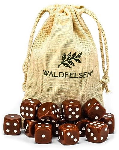 Waldfelsen 6, 12, 20, 30 oder 50 hochqualitative Würfel Standardgröße 16 mm Acrylwürfel Knobel Spielwürfel Dice 6-seitig sechsseitig Spielzubehör Set mit Stoffbeutel (Braun, 12 Stück)