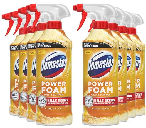 Domestos Power Foam Toilet and Bathroom Surface Cleaner Bleach-Free Upside Down Limescale Remover Multi-Purpose Spray with Fresh Bio-Degradable Fragrance, 450ml (Citrus Blast, Pack of 8)