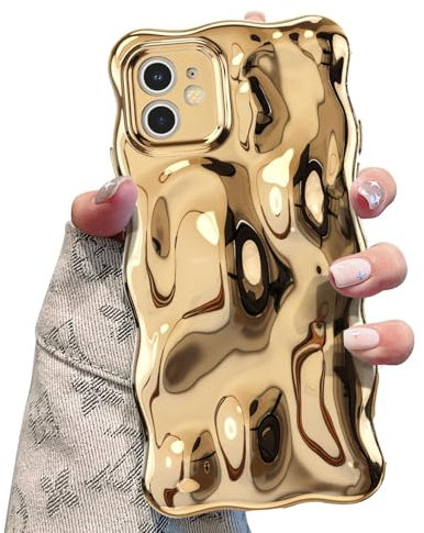 UEEBAI Case for iPhone 12, Cute Solid Color Curly Wave Shape Shockproof Soft TPU Bumper Phone Case, Candy Color Water Ripple 3D Silicone Slim Pretty Case Non-yellowing Cover - Gold