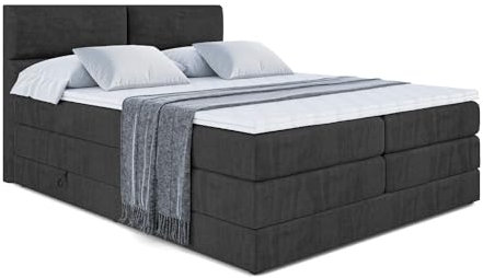 ALTDECOR Boxspringbett mit H3 Matratze-Bonellfederung, H4 Multipocket-Matratze (20 cm hoch) PUR, Topper (5 cm hoch), Polsterbett mit Kopfteil und Bettkasten - BOXI3 King - 180x200 - Schwarz Samt