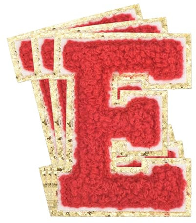 sourcing map 3Pcs Chenille Letters Patches Large Size 3.15x2.36 Iron-on Letters E Golden Glitter Embroidered Patches for Clothing, Shoes, Hats Backpacks (Red)