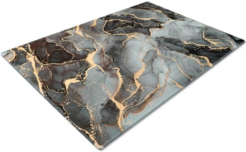 Glass Chopping Board - Non Slip, Small, Grey Gold Black Marble Effect Worktop Savers for Kitchens