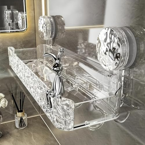 Étagère de rangement sans perçage, étagère de douche transparente avec ventouse, support de douche mural, organiseur de douche – Style luxueux et léger motif glacier – Pour salle de bain, cuisine,