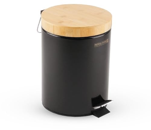 Royalford 5L Pedal Bin with Lid & Removable Basket - Round Bin with Bamboo Lid Kitchen Waste Bin with Soft Close - Small Bin for Bedroom - Sanitary Rubbish Bin for Toilet Bathroom Office, Black