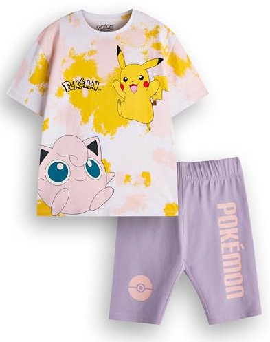 Pokemon Mädchen T-Shirt & Shorts Set | Kinder Tie Dye Kurzarm Grafik T-Shirt & Lila Radhose Komplettes Outfit | Pikachu Jigglypuff Bekleidungspaket | Spiel TV Serie Film Merchandise