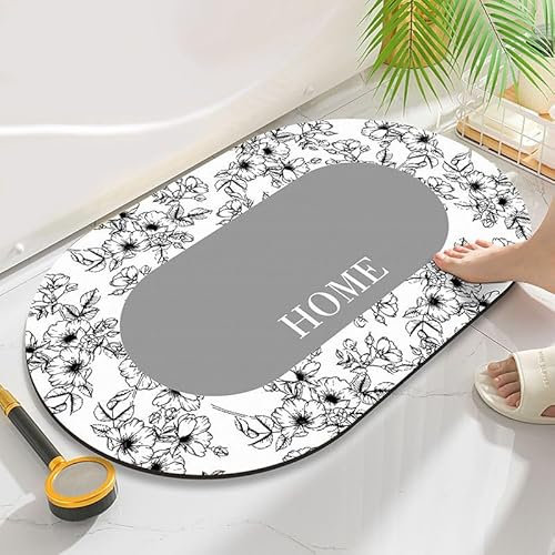 Badezimmerteppich 40X60Cm Graue Blumen Badteppich rutschfest Waschbar,Duschvorleger Schnelltrocknend,Stein Badematte,Diatomite Stone Bath Mat,Super Absorbierende Badvorleger