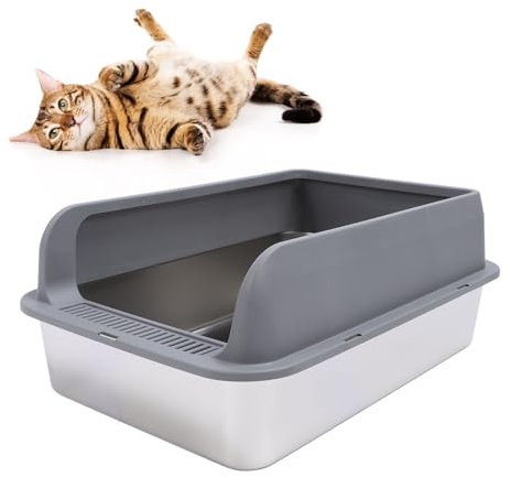 Stainless Steel Litter Box, Open Top Cat Litter Tray High Side Anti Splash Metal Cat Litter Box with Scoop, for Cats/Pets Dark Gray (Large: 50X35X10cm/19.7X13.8X3.9in)
