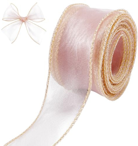 CRASPIRE Nastro Trasparente in Organza Tulle con Fili in Oro Rosa Largo 1-5/8 Pollice Nastro Regalo in Chiffon Fatto A Mano 6.5 Iarde per Confezioni Regalo Bouquet di Fiori da Sposa Ghirlande