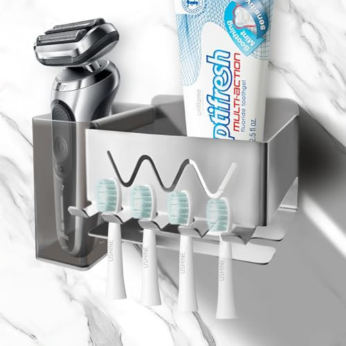KOMABLEN Soporte Cepillo de Dientes Eléctrico, 304 Acero Inoxidable Portacepillos de Dientes Pared, Autoadhesivo Toothbrush Holder con Caja Extraíble para 4 Cabezales Cepillo