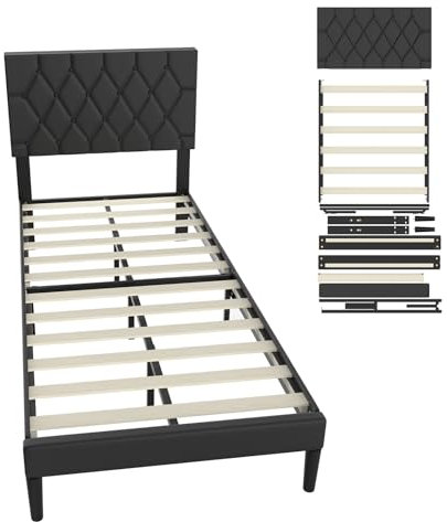 UISEBRT Polsterbett 90 x 200 cm – Bettrahmen mit Knöpfen, Plattformbettgestell mit gepolstertem Kopfteil aus Kunstleder, Holzlattenstütze, Doppelbett für Erwachsene, Modernes Design (Schwarz)