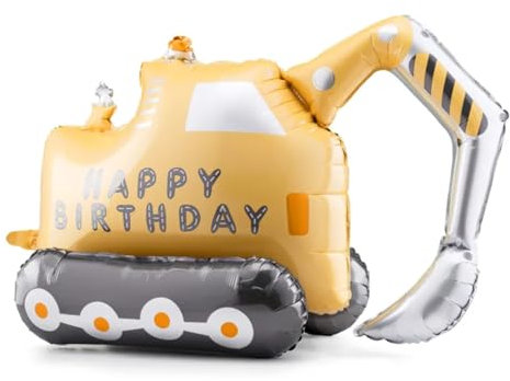 XL Folienballon Bagger Happy Birthday Ballon selbststehend Luftballon Fahrzeuge Baustelle Geburtstag Junge Ballon Bagger, 77cm, mit Trinkhalm aus Papier