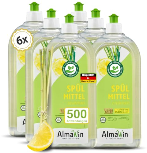 AlmaWin® Spülmittel Öko [6x 1L] mit Zitronengras-Duft - Kraftvolles Geschirrspülmittel flüssig mit hoher Fettlösekraft - Vegan Dish Soap - Biologisch abbaubares & ergiebiges Konzentrat