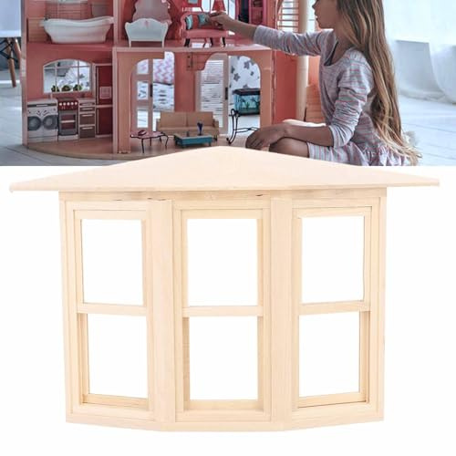Gonetre 1:12 Puppenhaus Birken Holz Miniaturfenster Lebensechter Erker Fenstermodell für DIY Assccories