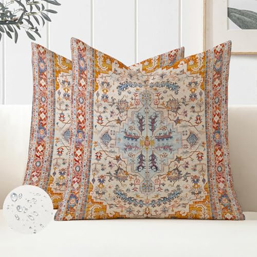 Miuyunya 2er Set Kissenbezug Boho Sommer 40 x 40 Wasserdicht Kissenbezüge Orientalisch Deko Vintage Kissenhülle Dekokissen Bezug Kissen für Sofakissen Outdoor Patio Garten Sofa Bauernhaus Dekor
