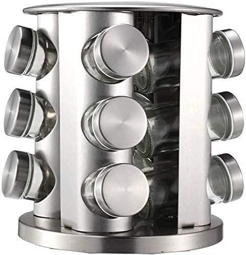 VastCart Spice Rack Organizer - Stainless Steel Rotating Spice Tower with 12 Glass Spice Jars | Modern Seasoning Rack for Kitchen | Space-Saving & Easy Access Storage