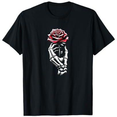 Skelett Hand hält rote karminrote Rose Blume Gothic Flora T-Shirt
